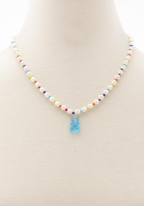 GUMMY BEAR CHARM PEARL SEED BEAD NECKLACE