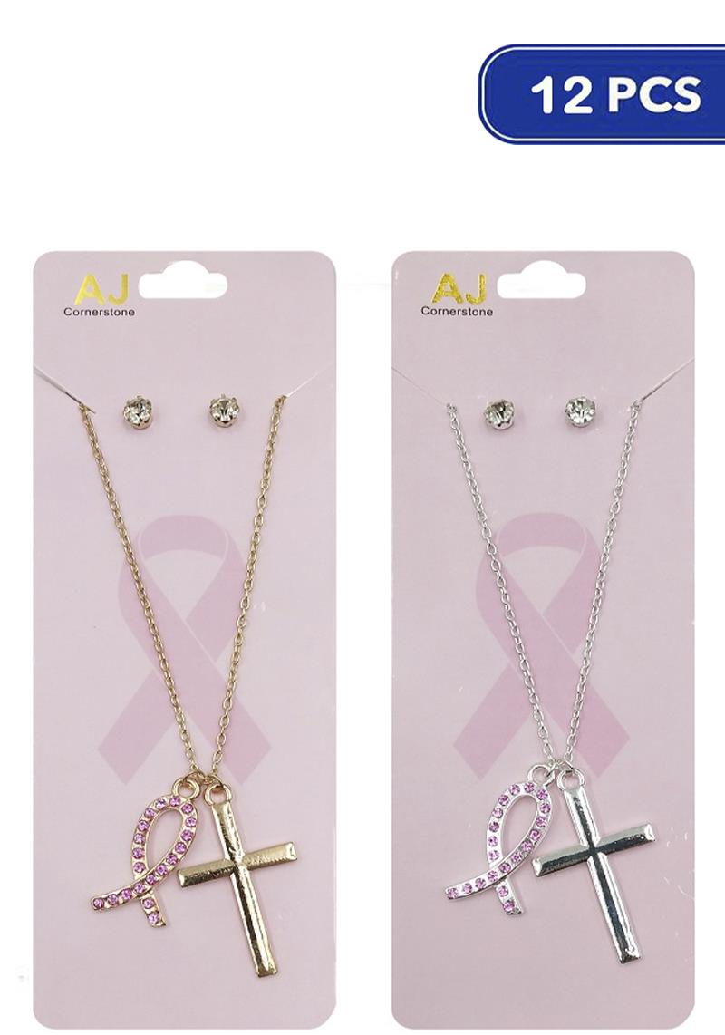 FASHION BREAST CANCER PINK RIBBON DAY & CROSS PENDANT NECKLACE (12 UNITS)