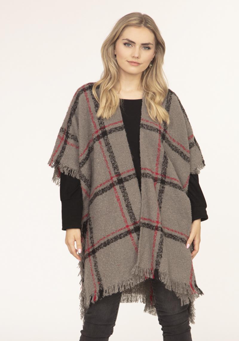 PLAID BLOCK TASSEL PONCHO RUANA