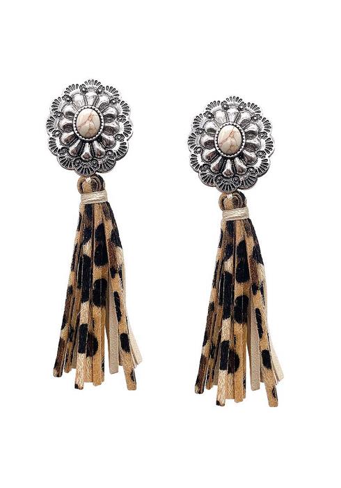 WESTERN STYLE NATURAL STONE FAUX LEATHER TASSEL DANGLE EARRING