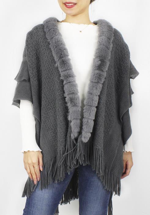 FUR AND RUFFLE KNIT CAPE PONCHO