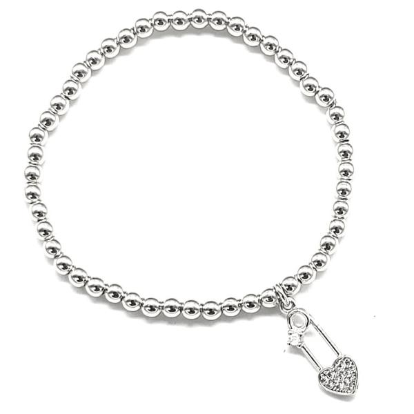 STAINLESS STEEL BALL CHAIN HEART PIN CHARM STRETCH BRACELET