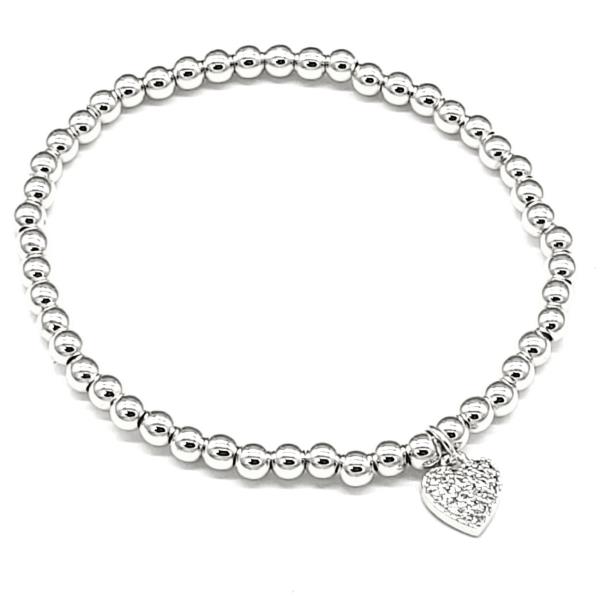 STAINLESS STEEL BALL CHAIN HEART CHARM STRETCH BRACELET