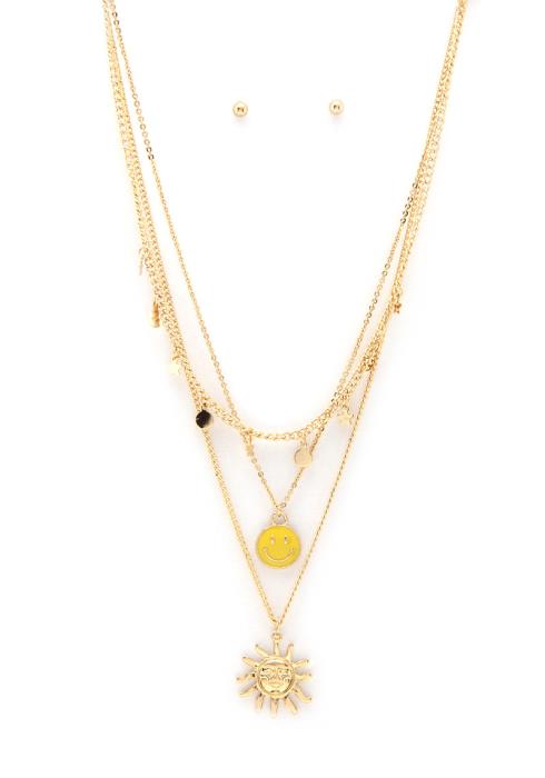 SUN HAPPY FACE CHARM COIN LAYERED NECKLACE