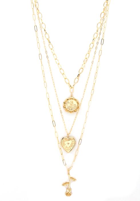 3 LAYERED METAL CHAIN HEART FLOWER PENDANT NECKLACE
