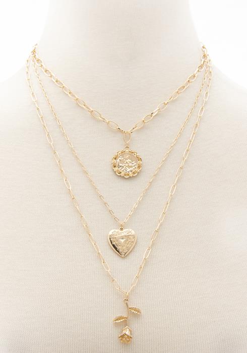 3 LAYERED METAL CHAIN HEART FLOWER PENDANT NECKLACE
