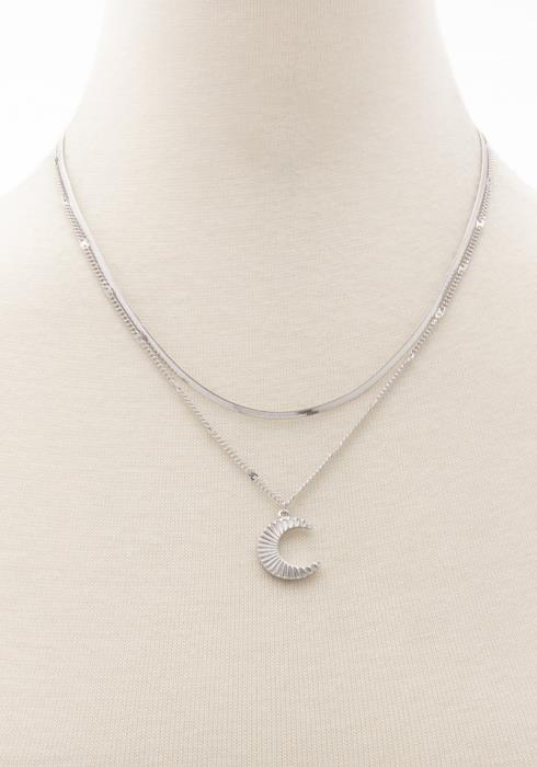 MOON CHARM HERRINGBONE LINK LAYERED NECKLACE