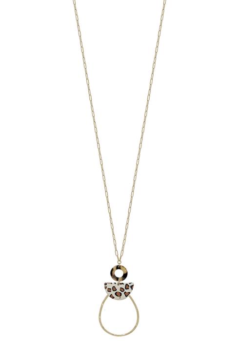 ACETATE ROUND HALF MOON LEOPARD PENDANT LONG NECKLACE