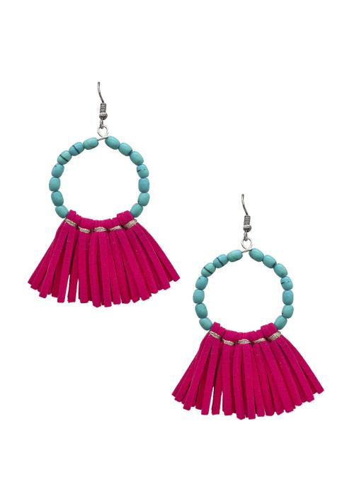 WESTERN STYLE STONE ROUND LEATHER TASSEL DANGLE EARRING