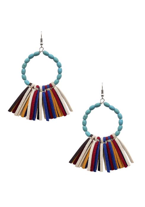WESTERN STYLE STONE ROUND LEATHER TASSEL DANGLE EARRING
