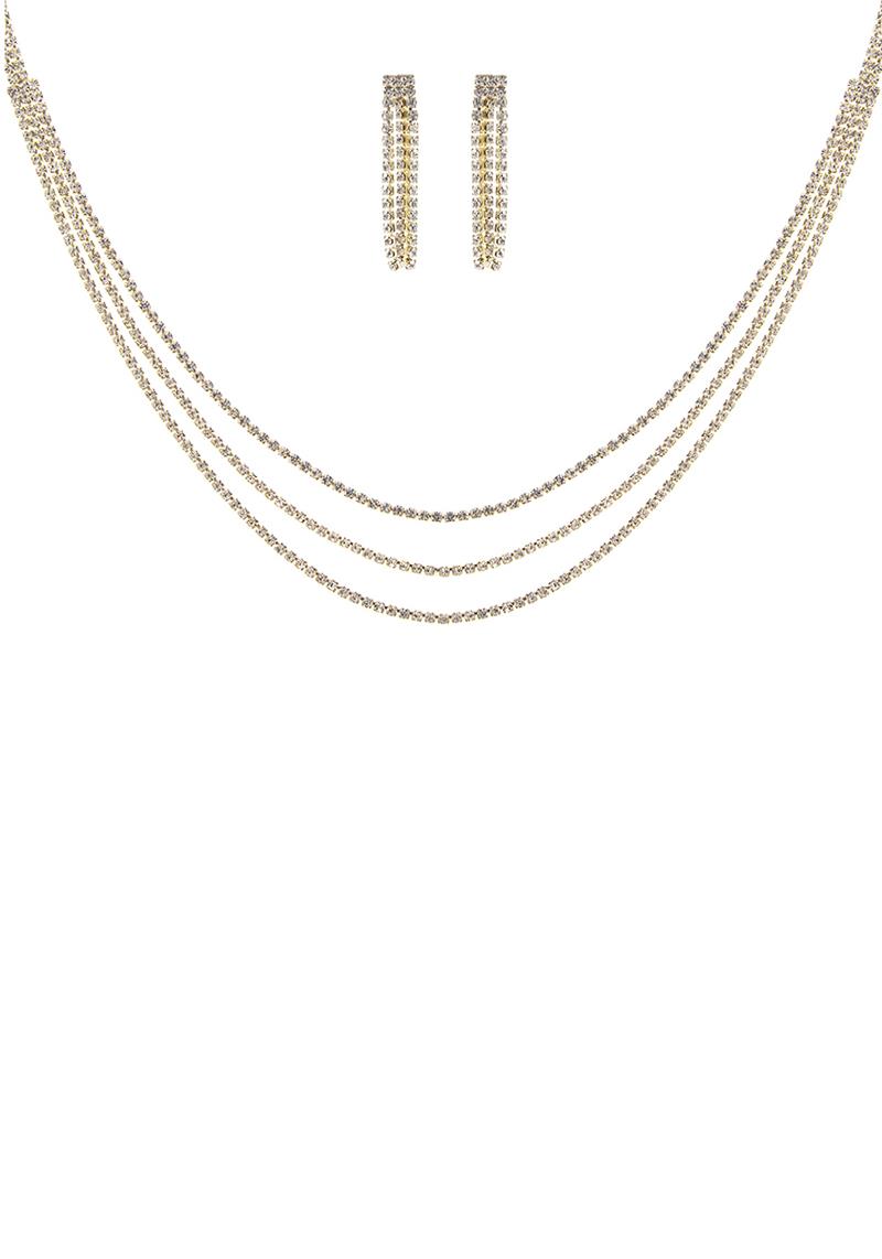 RHINESTONE 3 LINE LAYERED NECKLACE EARRING SET