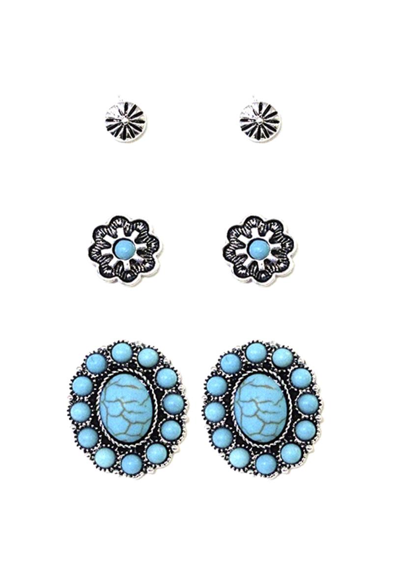 WESTERN STYLE STUD EARRING 3 PAIR SET