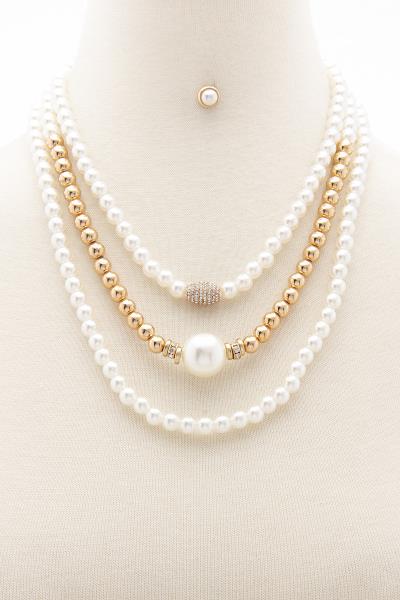 LAYERED PEARL AND CCB BALL BEAD NECKLACE EARRING SET