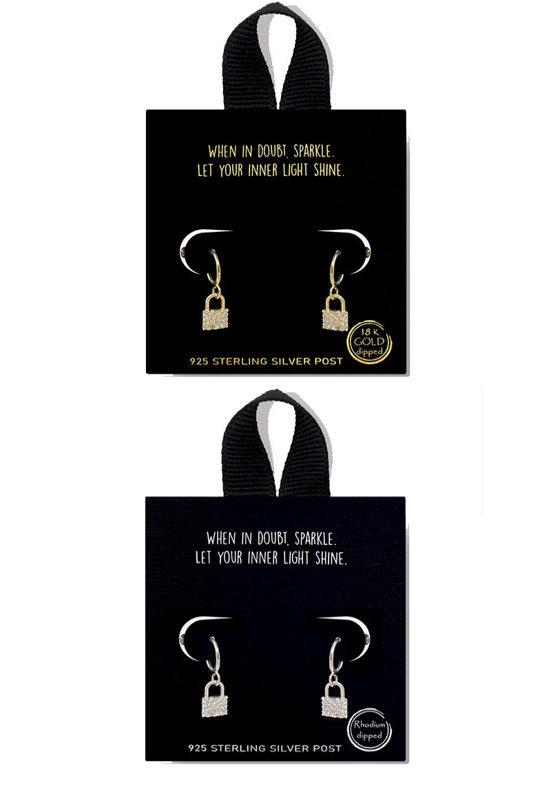 18K GOLD RHODIUM DIPPED MINI LOCK HOOP HUGGIE EARRING