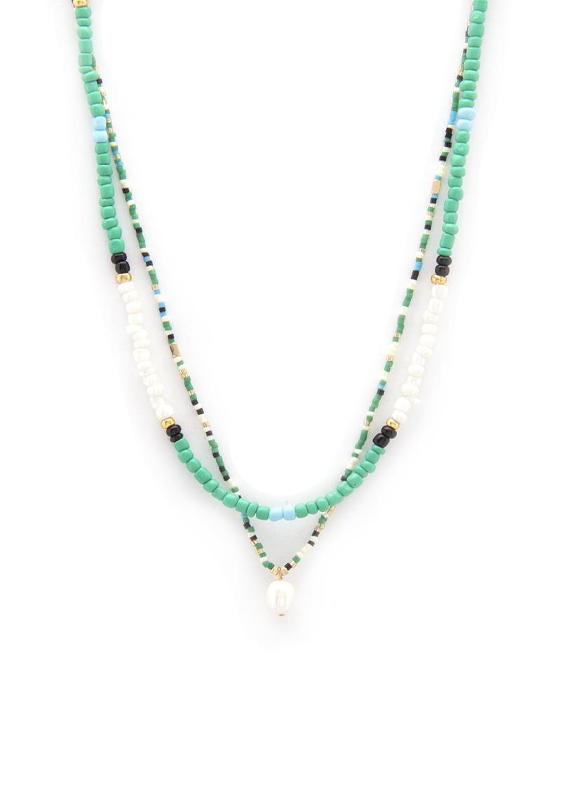LAYERED PEARL CHARM BEADED NECKLACE