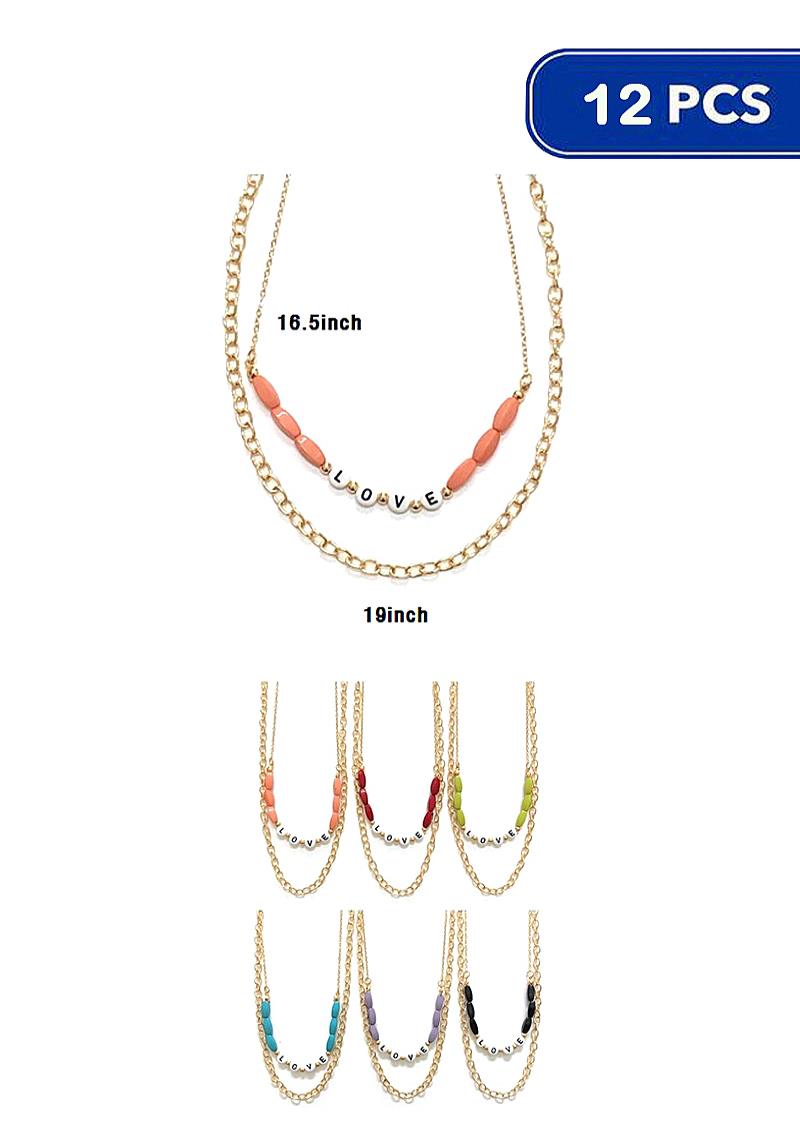 FASHION COLORED OVAL BEAD LOVE CHAIN LINK DOUBLE NECKLACE (12 UNITS)