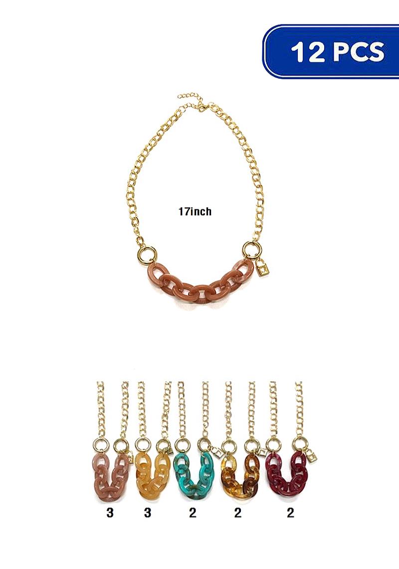 FASHION COLORED ACRYLIC LINK CHAIN NECKLACE (12 UNITS)