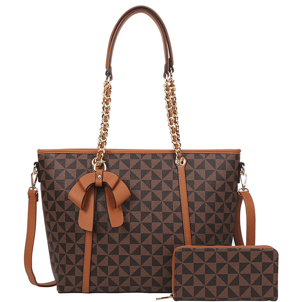 2IN1 MONOGRAM BOW DESIGN TOTE BAG WITH MATCHING WALLET SET