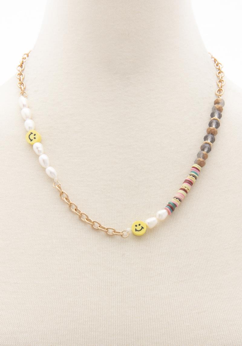 PEARL CRYSTAL RUBBER DISC HAPPY FACE BEAD NECKLACE