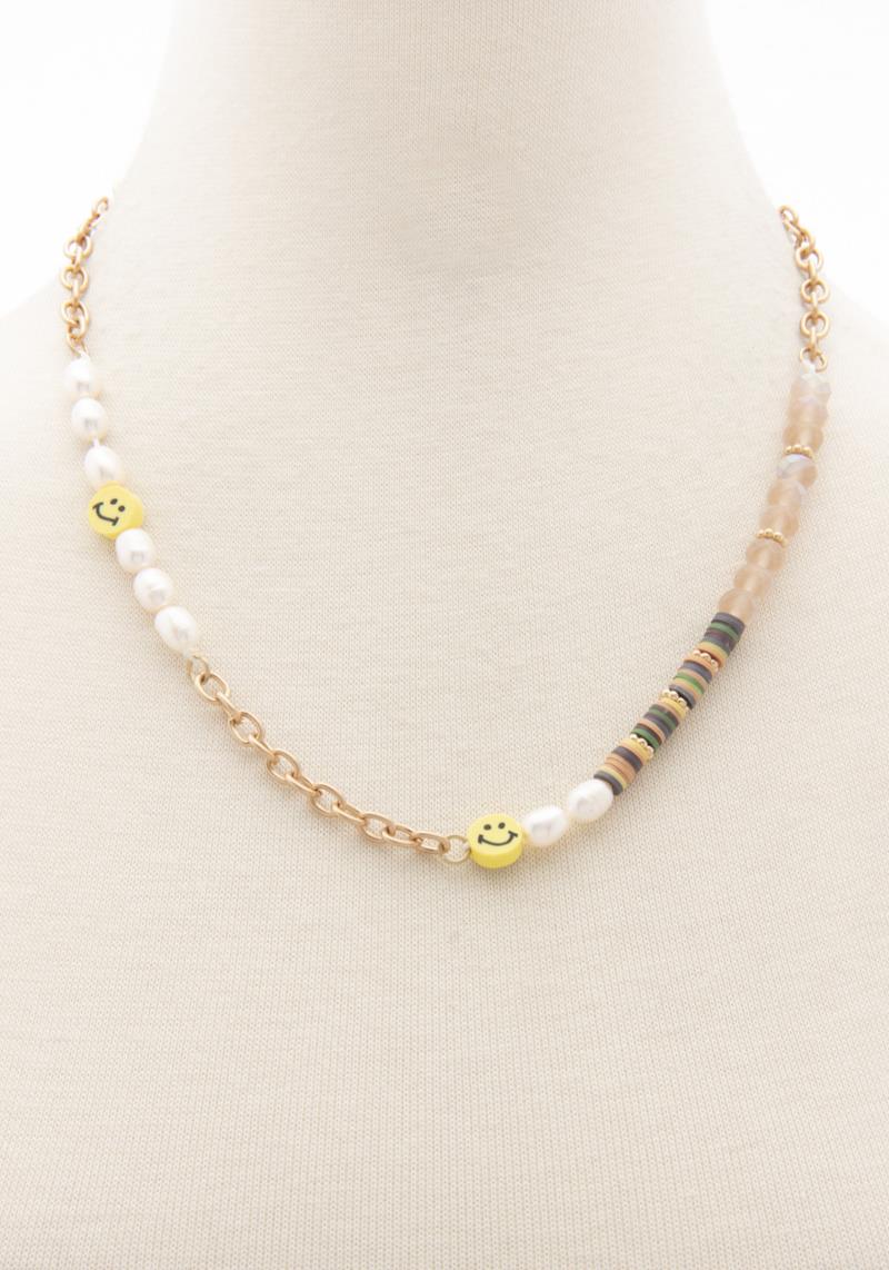 PEARL CRYSTAL RUBBER DISC HAPPY FACE BEAD NECKLACE