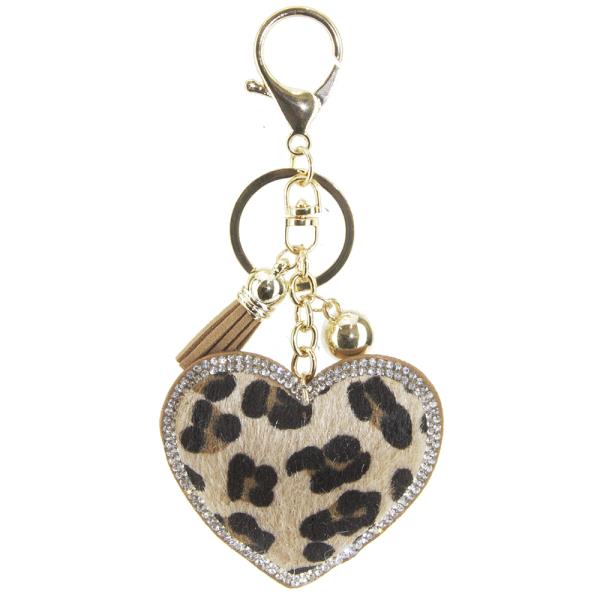 RHINESTONE LEOPARD HEART TASSEL KEY CHAIN