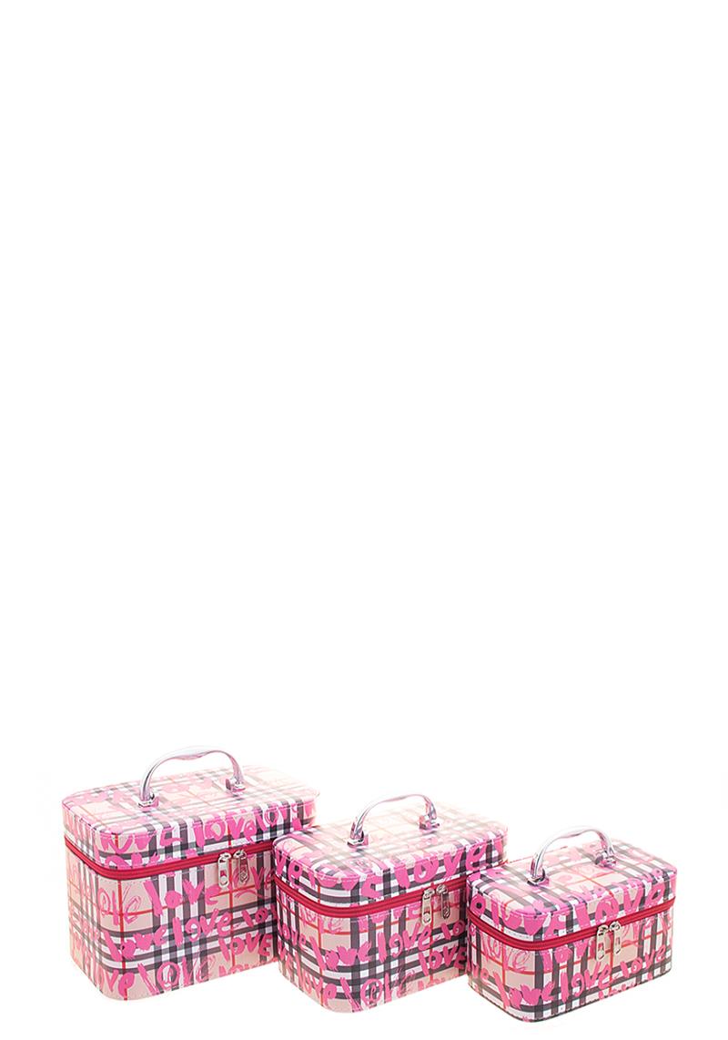 3IN1 LOVE PLAID PRINT COSMETIC BAG SET - PINK