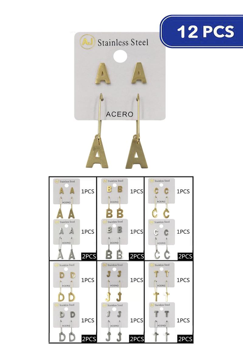 FASHION STAINLESS STEEL INITIAL EARRING SET (12 UNITS)