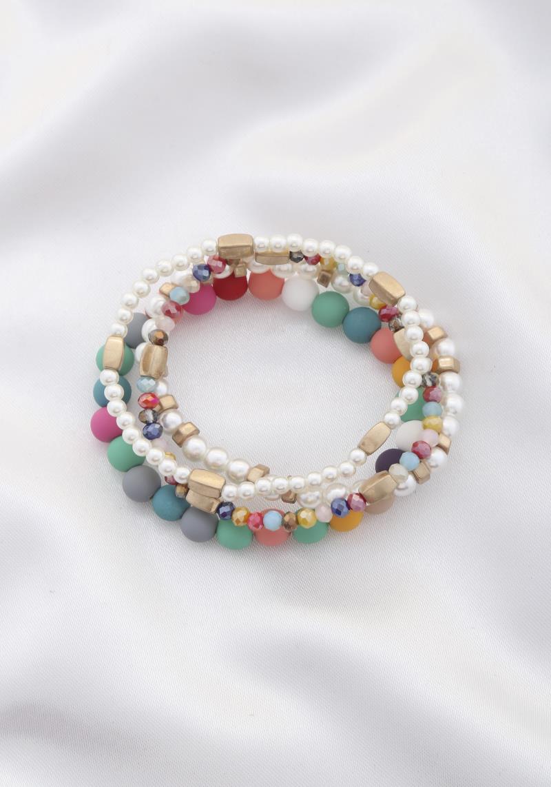 CRYSTAL PEARL BALL BEAD STRETCH BRACELET SET