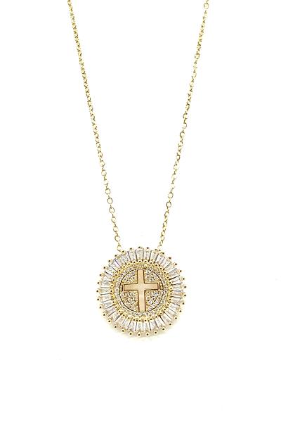FASHION ROUND CRYSTAL STONE DESIGN CROSS CHAIN NECKLACE