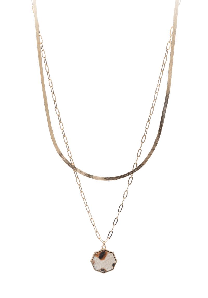 2 LAYERED METAL CHAIN LEOPARD PENDANT NECKLACE