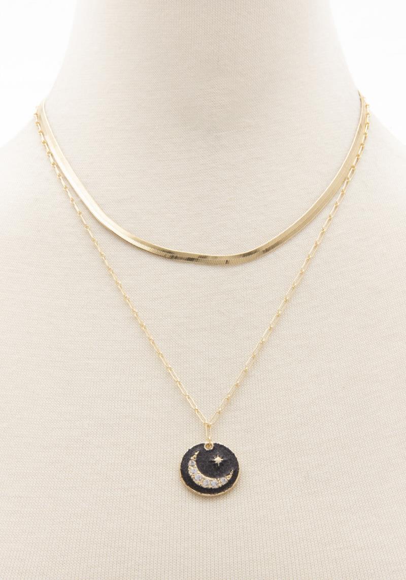 HERRINGBONE LAYERED MOON COIN PENDANT NECKLACE