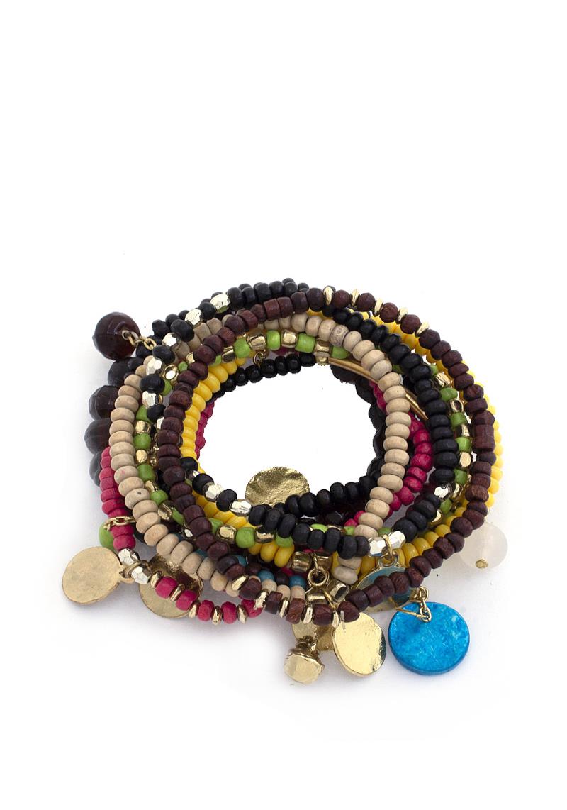 ASSORTED BEAD METAL DISC BRACELET SET