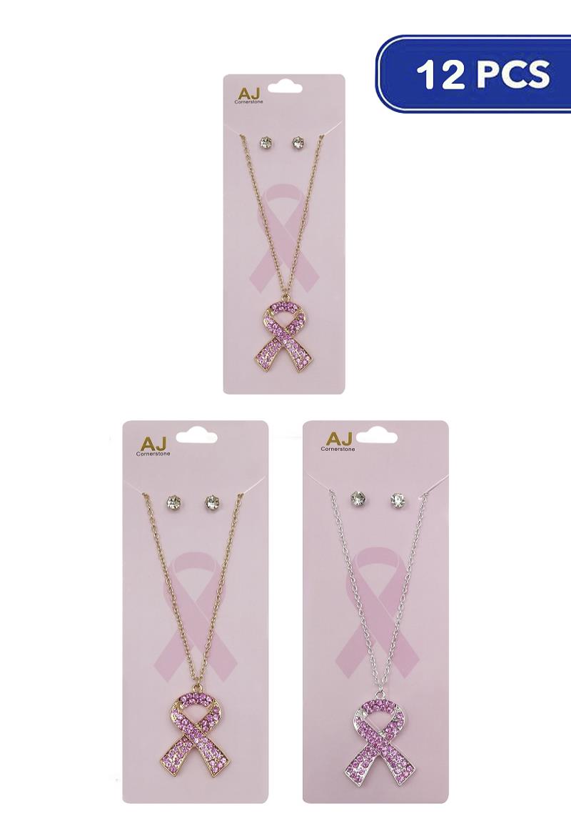 FASHION BREAST CANCER PINK RIBBON PENDANT NECKLACE (12 UNITS)