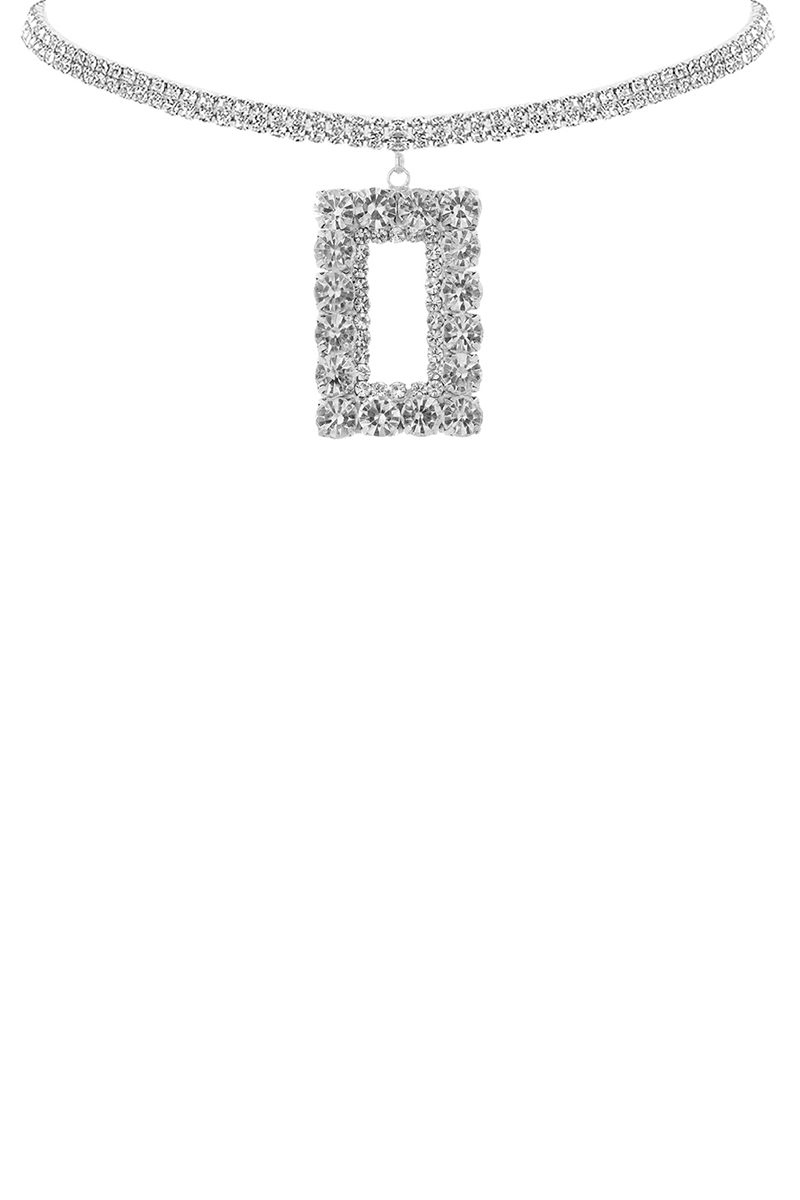 RHINESTONE RECTANGLE PENDANT CHOKER NECKLACE