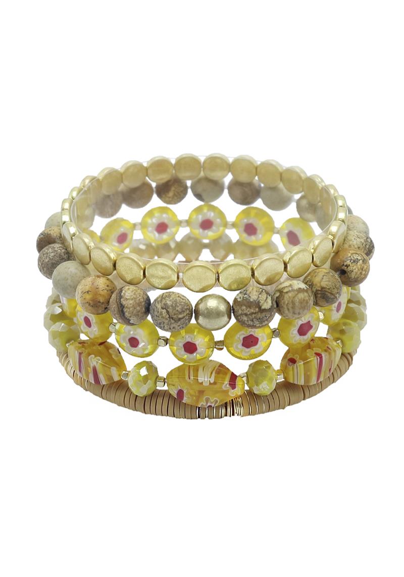 NATURAL STONE METAL FLOWER RUBBER DISC BEAD STRETCH BRACELET SET