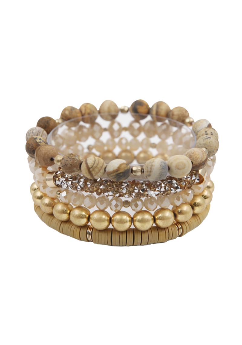 CRYSTAL NATURAL STONE METAL RUBBER DISC BEAD STRETCH BRACELET SET