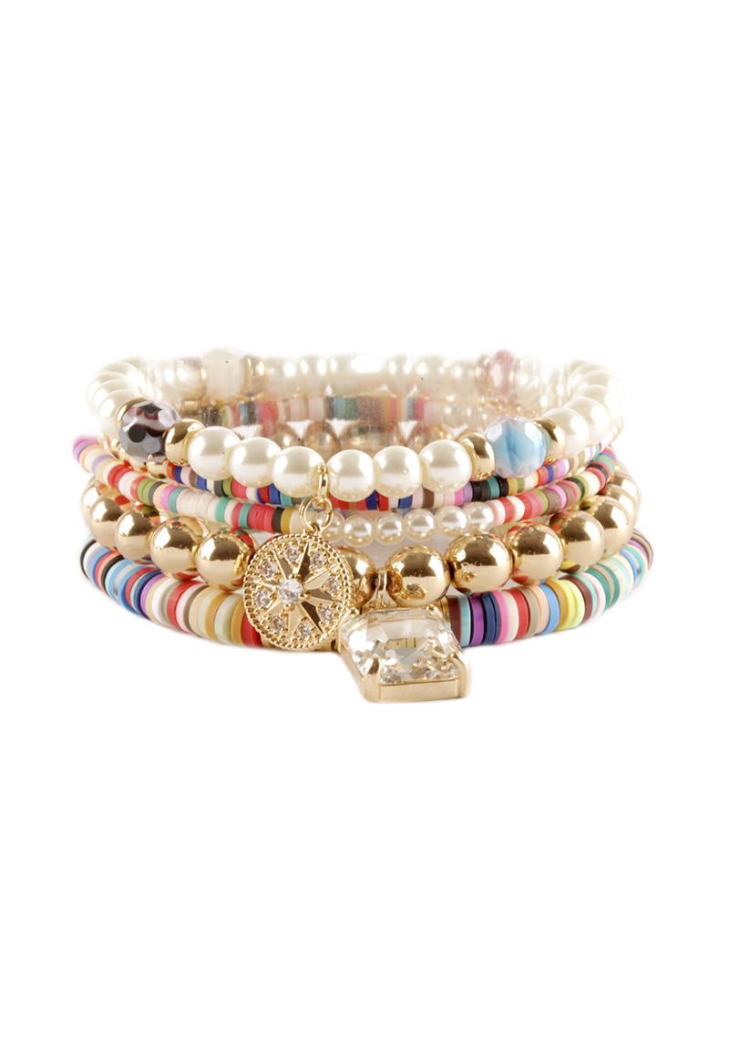 RUBBER DISC PEARL METAL BEAD STERTCH BRACELET SET