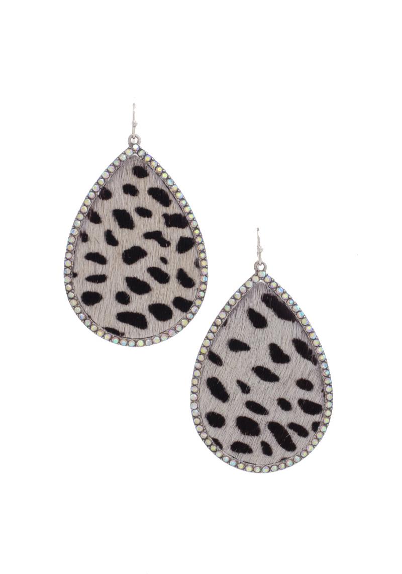 GENUINE LEATHER TEARDROP RHINESTONE EDGE EARRING
