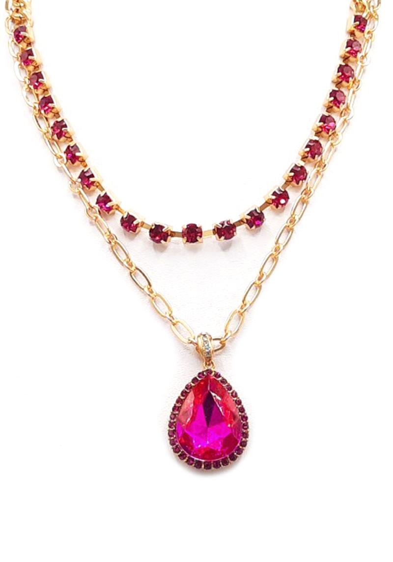 RHINESTONE METAL CHAIN TEARDROP PENDANT NECKLACE