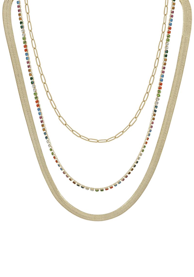 3 LAYERED METAL RHINESTONE CHAIN NECKLACE