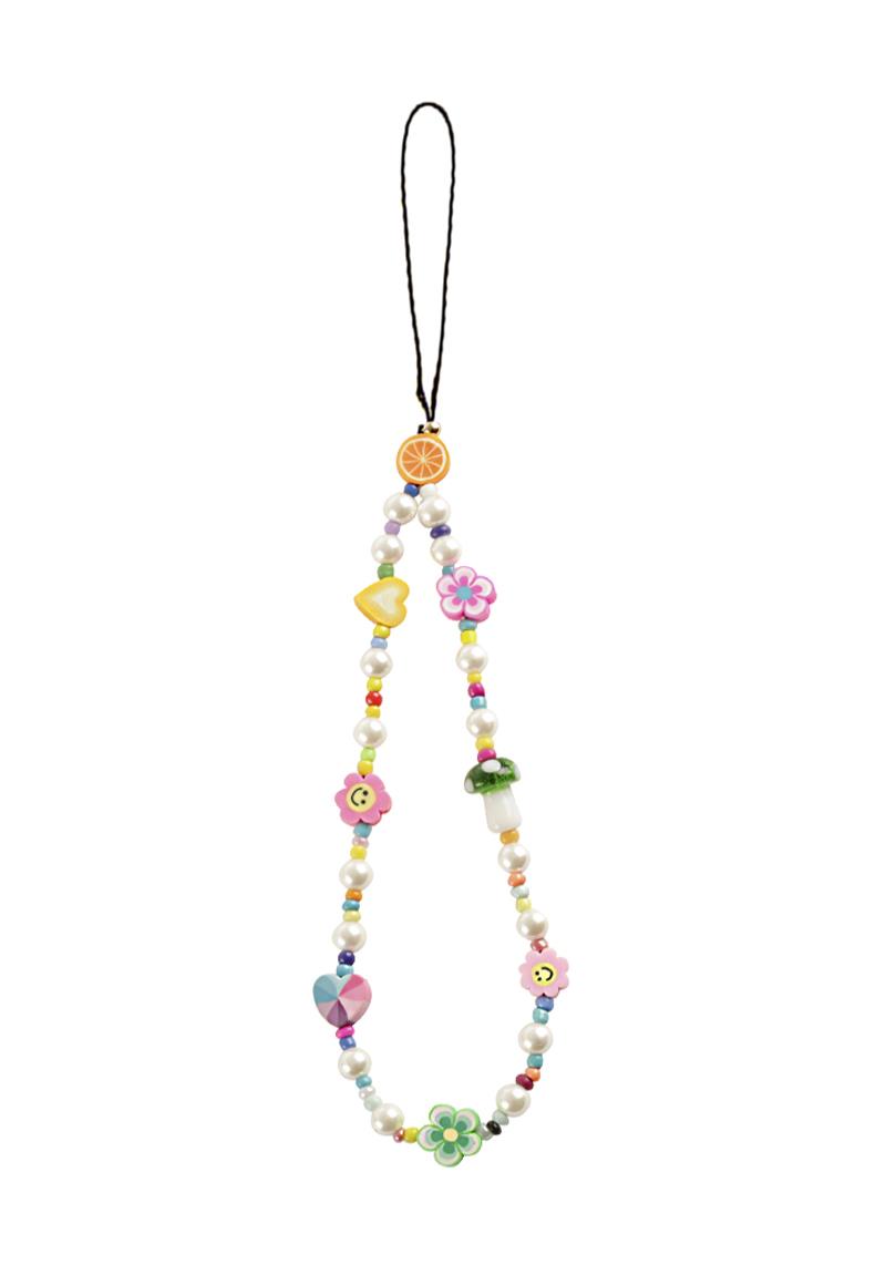 FASHION SEED PEARL RUBBER FLOWER SMILE BEAD PHONE STRAPS