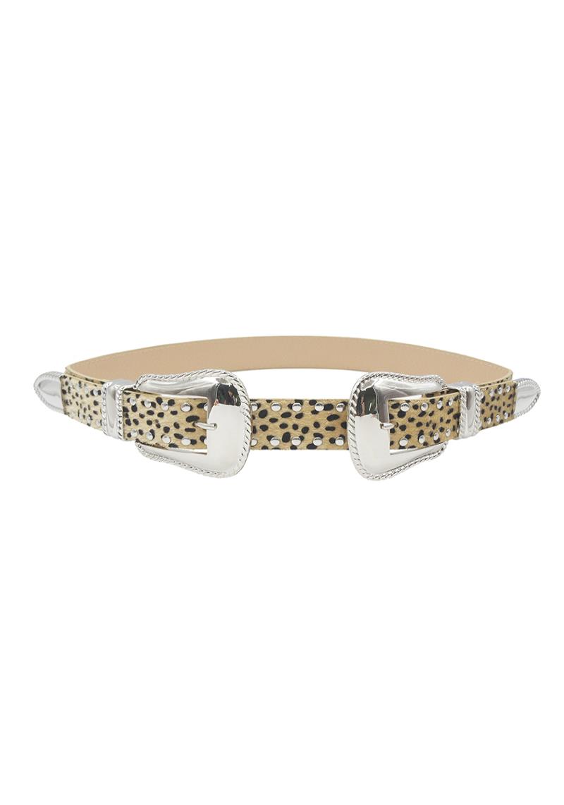 ETCHED TRIM WESTERN DOUBLE BUCKLE DOT LEOPARD BELT WITH STUD DETAIL