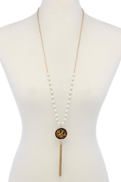 INITIAL CHARM CHAIN TASSEL BEADED LONG NECKLACE