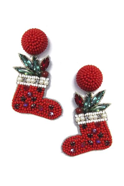 RHINESTONE SEED BEAD CHRISTMAS SOCKS EARRING