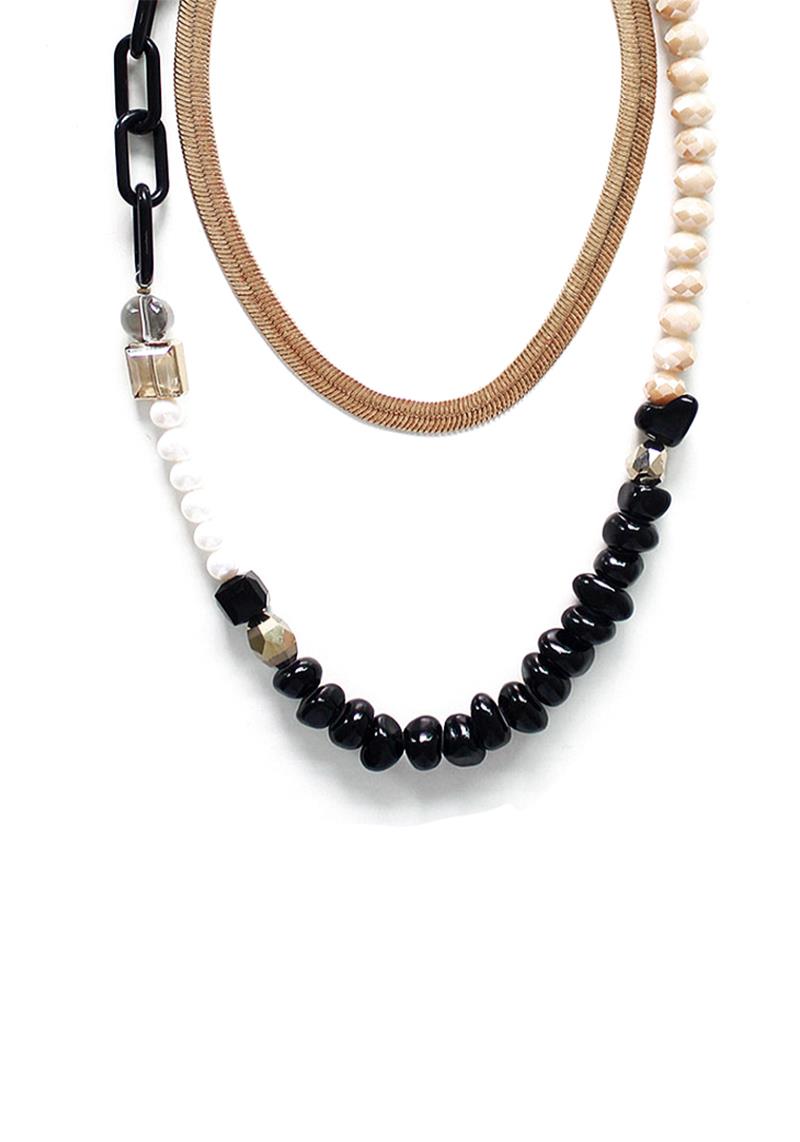 FASHION PEARL LINK BRASS CHAIN DOUBLE NECKLACE
