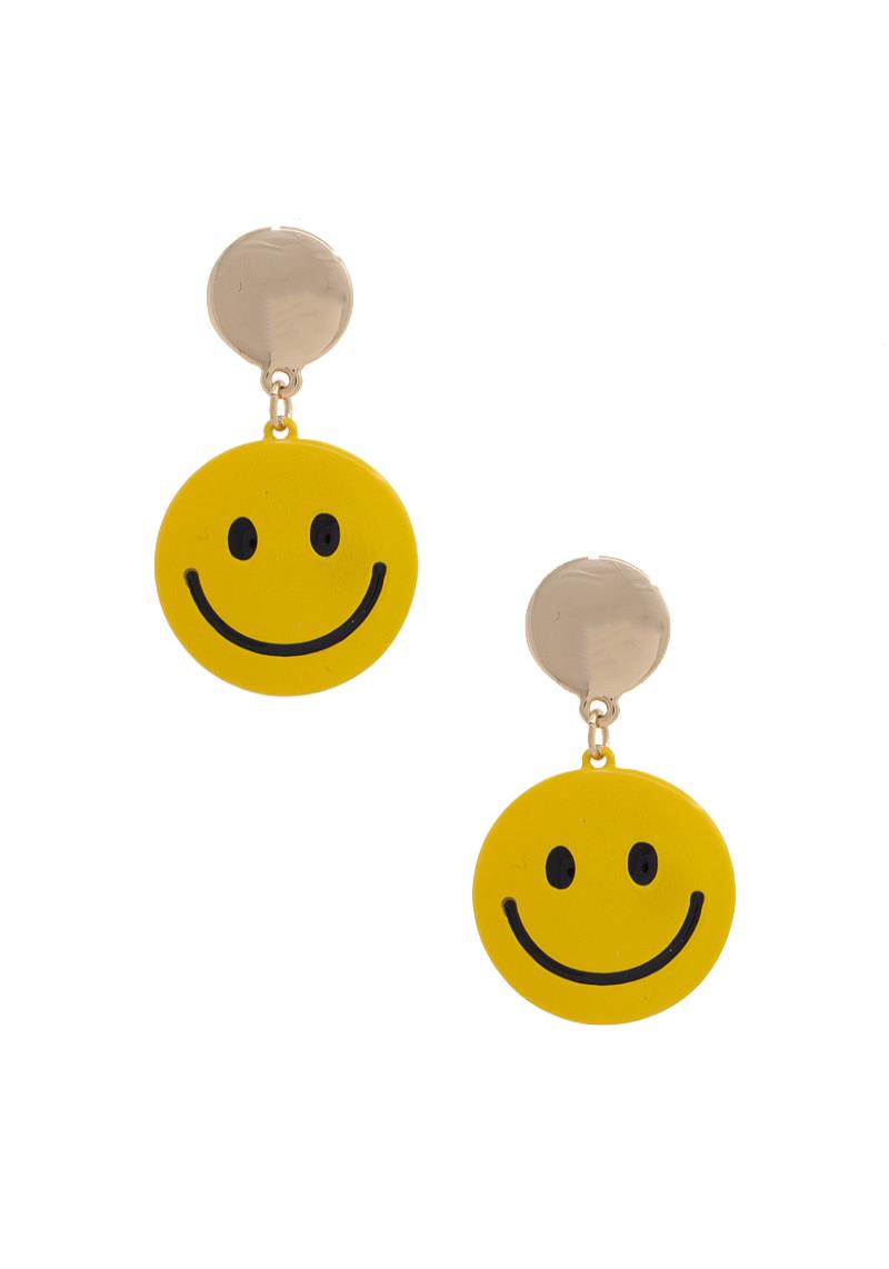 HAPPY FACE METAL DISC DANGLE EARRING