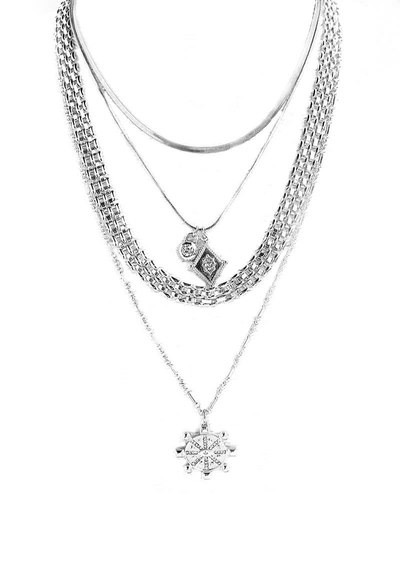 FASHION MULTI LAYER PENDANT RHINESTONE CHAIN LINK NECKLACE