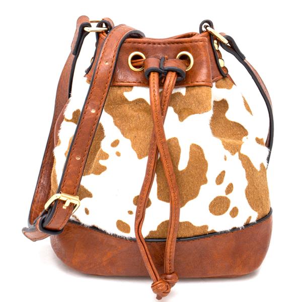 COW PRINT DRAWSTRING SHOULDER CROSSBODY BAG