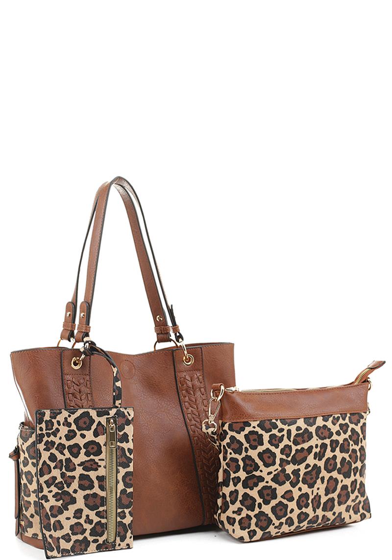 3IN1 TWO TONE LEOPARD PRINT TOTE BAG WITH MINI BAG AND CLUTCH SET