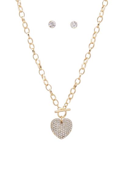 RHINESTONE HEART PENDANT CIRCLE LINK NECKLACE